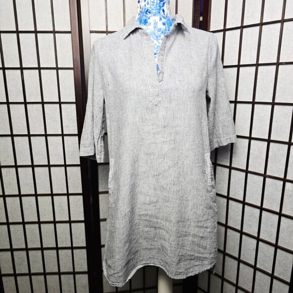 Laju Blouse Womens Small Blue White Tunic‎ Stripes Half Sleeve Collared Pockets - Picture 1 of 8